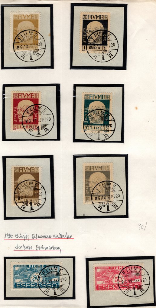 Fiume 1920 - Effigie di D'Annunzio o cavalieri - La serie completa usata su frammento - Rara e di ottima qualità - Sassone n° S. 17. #1.0