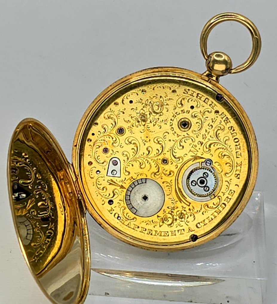 Paris - Extraflache 6mm 18kt. Punktaschenuhr - komplett gravierte Werkplatine - Negativaufzug - Schweiz um 1840 - 1850-1900 #1.0
