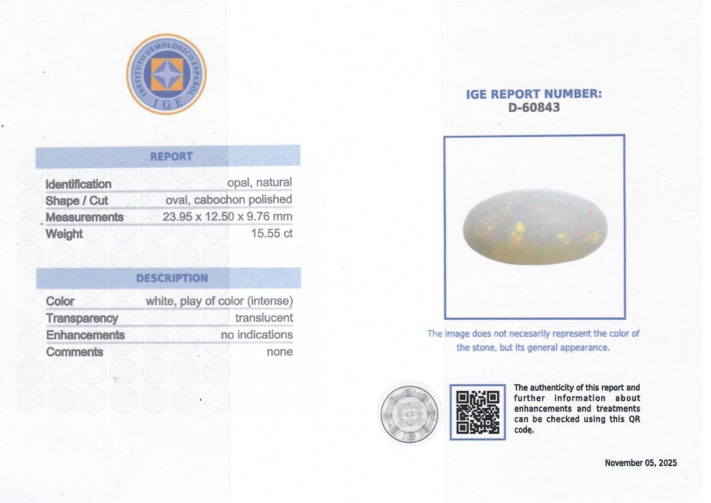 Opal  - 15.55 ct - Instituto Gemólogico Español (IGE) - Intense Color Play #2.1