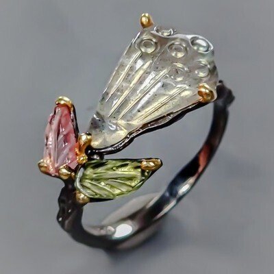 925 银黑色镀铑 - 拉布拉多石 - 电气石 - 戒指 #1.0