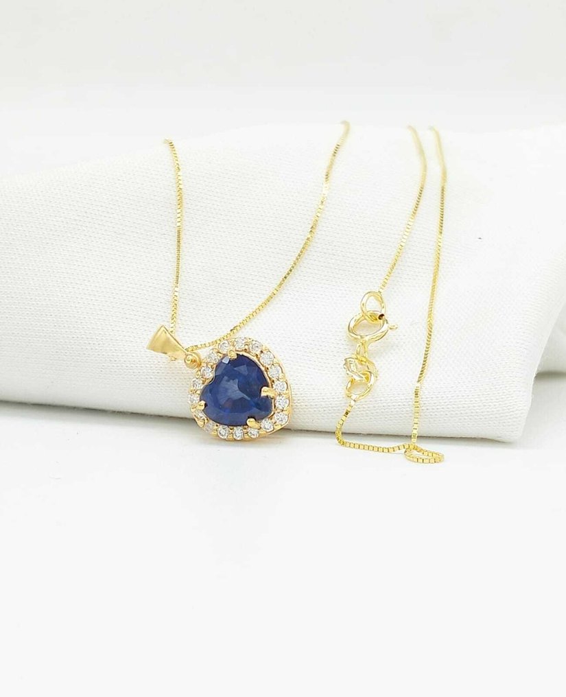 沒有保留價 - 吊墜頸鏈 - 14 克拉 黃金 藍寶石 - 鉆石 #1.0