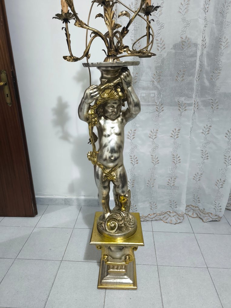 烛台落地灯 - 金属, 木 - 黑莫尔木雕地灯，银色饰面——7灯烛台 #2.1