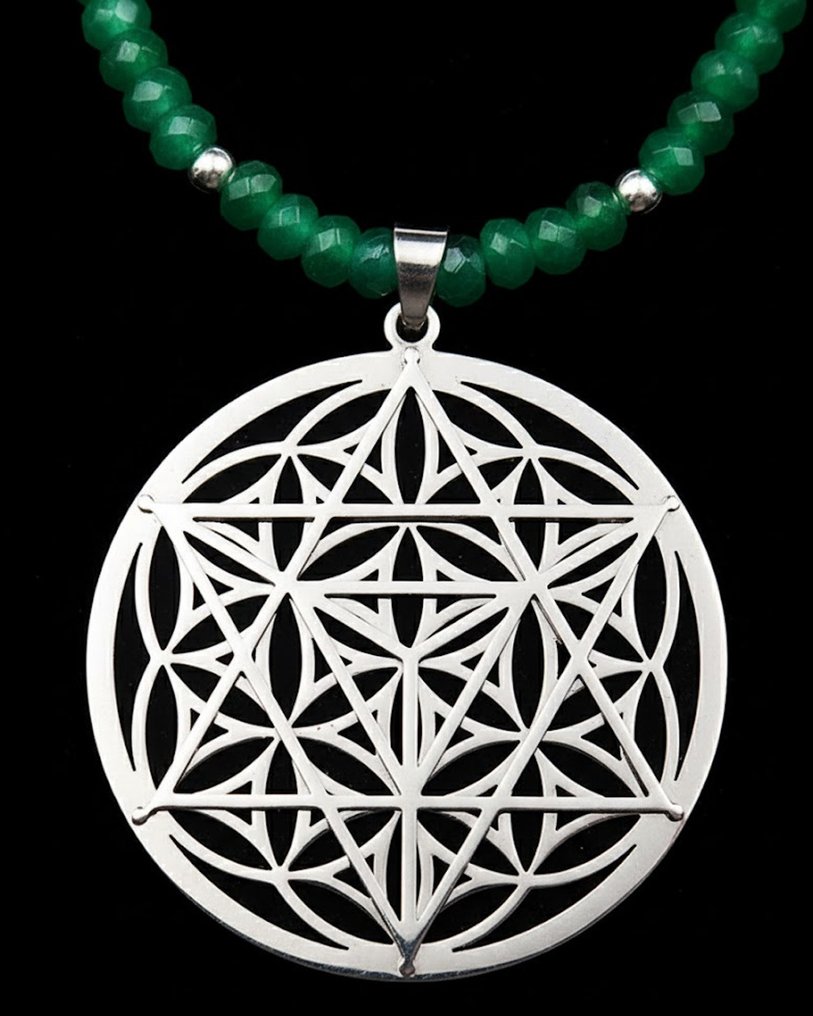 Smeraldo - Geometria sacra - Arcangelo Métatron - Protezione divina - Chiusura, perle in argento 925 - Collana con ciondolo #1.0
