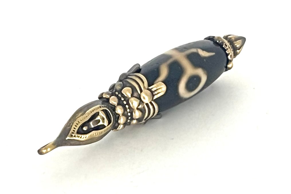 藏族护身符，配有华丽的DZI珍珠的仪式工具 - 65毫米- 15.3 g #1.0