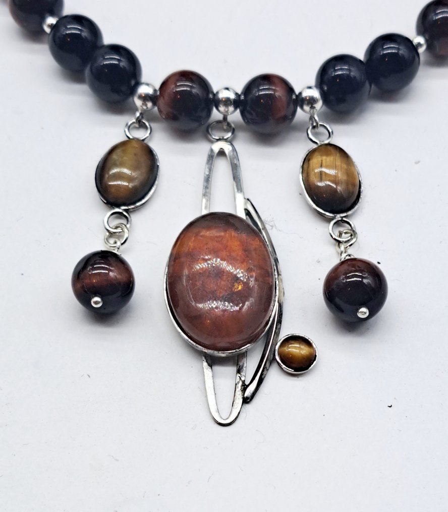 Argent, Ambre, Obsidian, falkøje, tigerøje - Halskæde #2.1
