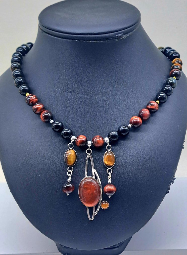 Argent, Ambre, Obsidian, falkøje, tigerøje - Halskæde #1.0