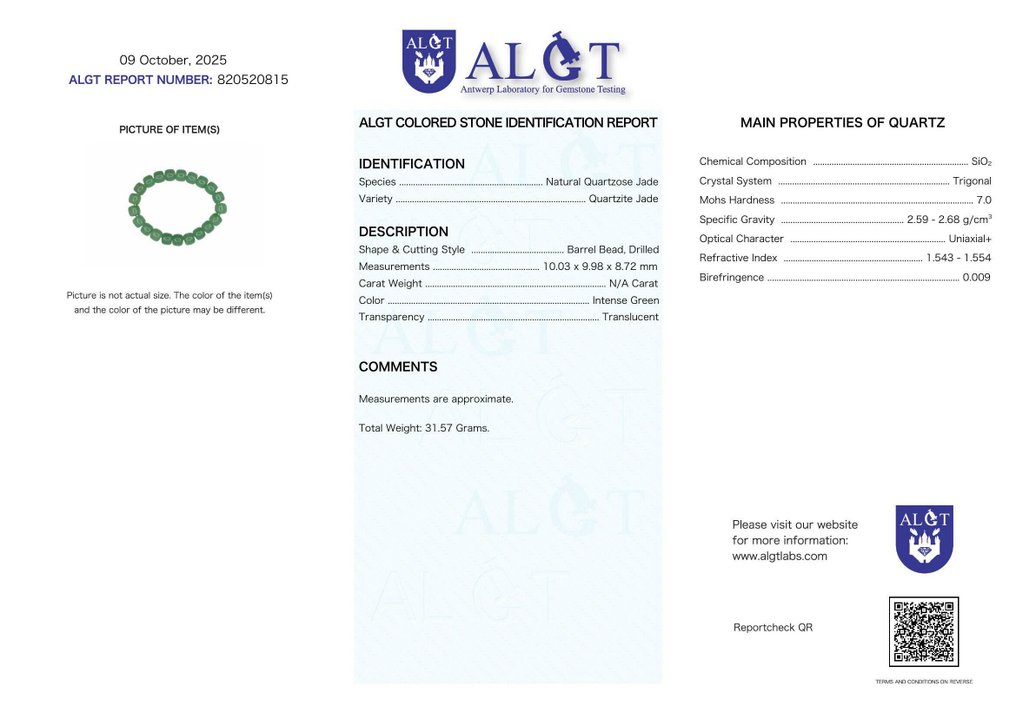 Sem reserva - Certificado ALGT - Pulseira Exclusiva de Quartzito Natural com Jade Uma cor intensa que imediatamente chama a atenção.- 31.57 g #2.1