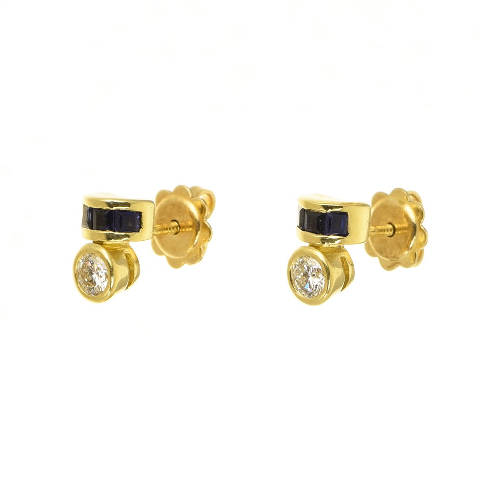 耳環 - 18 克拉 黃金 鉆石 (天然)  - 藍寶石 #1.0