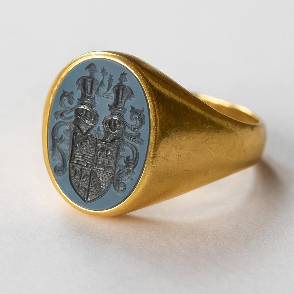 图章戒指 - 18K包金 黄金 玉髓 - 缟玛瑙 - 黄金骑士戒指 #1.0