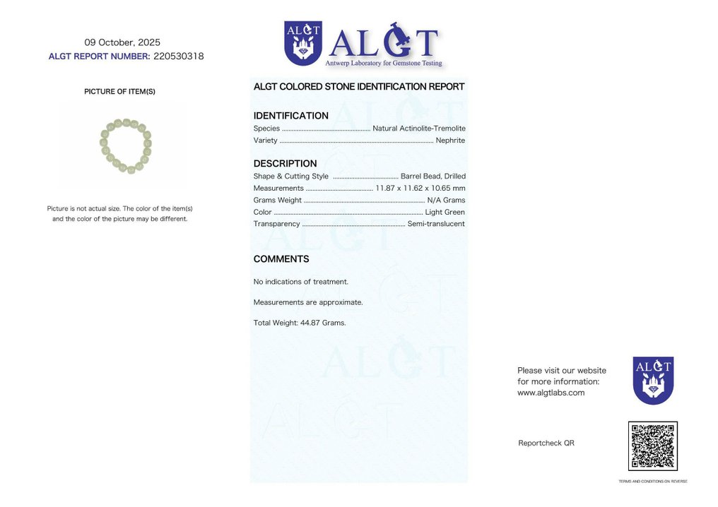 ALGT 认证 - 独家天然软玉手链 地质精确性与耐心的创造- 44.87 g #2.1