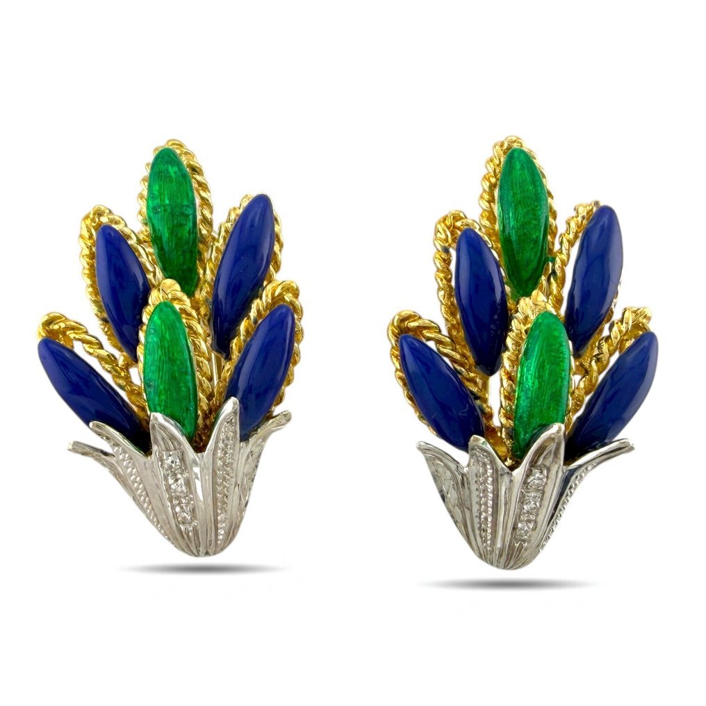 Drop fülbevaló - 18 kt. Exkluzív 18K sárga és fehér arany kék és zöld zománc gyémánt fülbevalók., Sárga arany, Fehér arany - 0.06ct. tw. Gyémánt (Természetes) #3.2