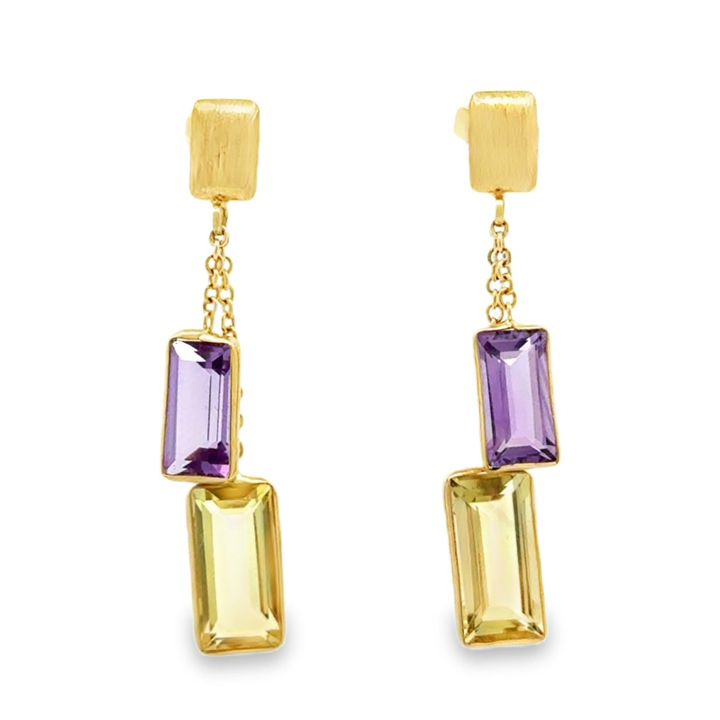 Zonder minimumprijs - Oorbellen - 14 karaat Geel goud - 3.00ct. tw. Olivijn - Amethist #3.2