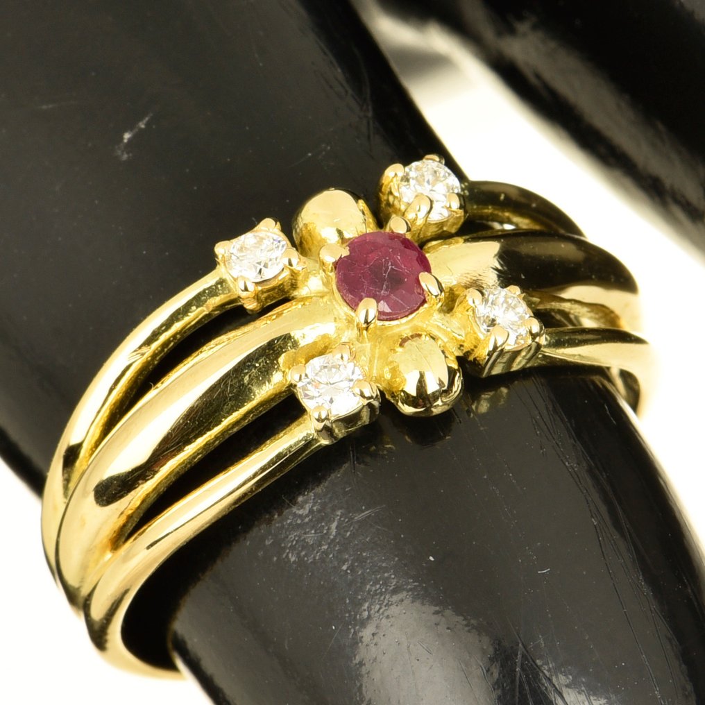 戒指 - 18 克拉 黃金 紅寶石 - 鉆石 #1.0