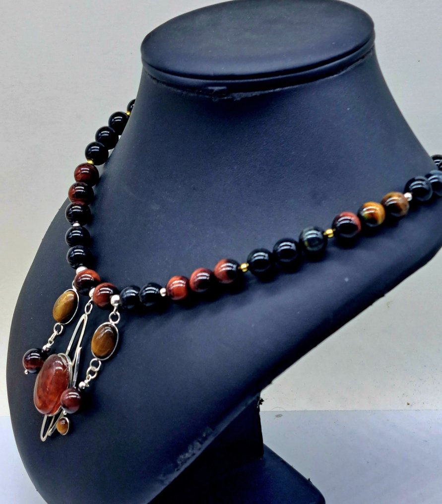 Argent, Ambre, Obsidian, falkøje, tigerøje - Halskæde #4.3