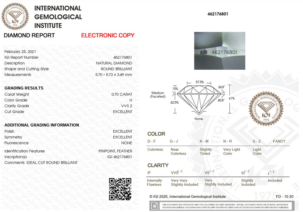 1 pcs Diamante (Natural) - 0.70 ct - Redondo - H - VVS2 - International Gemological Institute (IGI) - Ex Ex Ex None #1.0