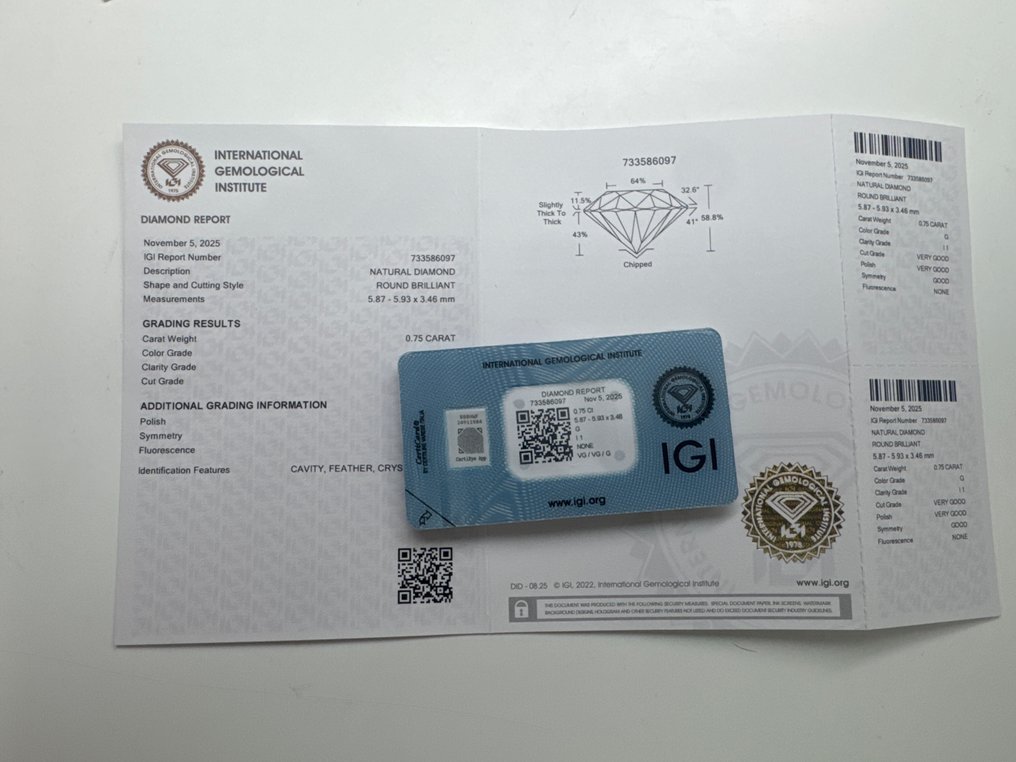 No reserve price - 1 pcs Diamond (Natural) - 0.75 ct - Round - G - I1 - International Gemological Institute (IGI) #3.2