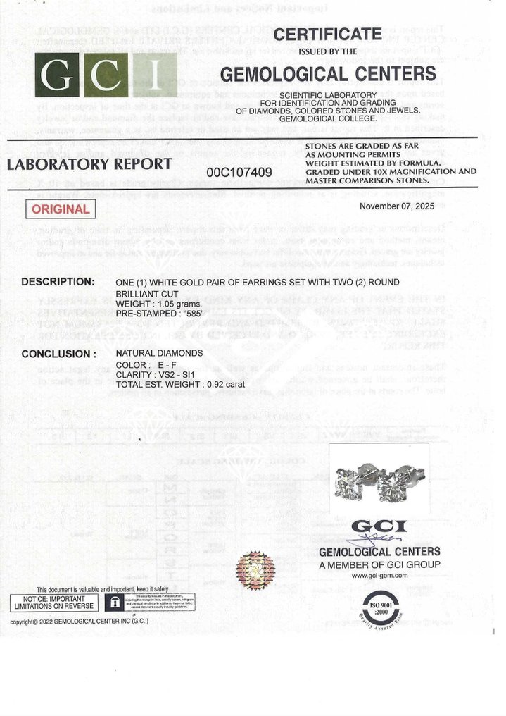 没有保留价 - 耳环 - 14K包金 白金 -  0.92ct. tw. 钻石 (天然) #3.2