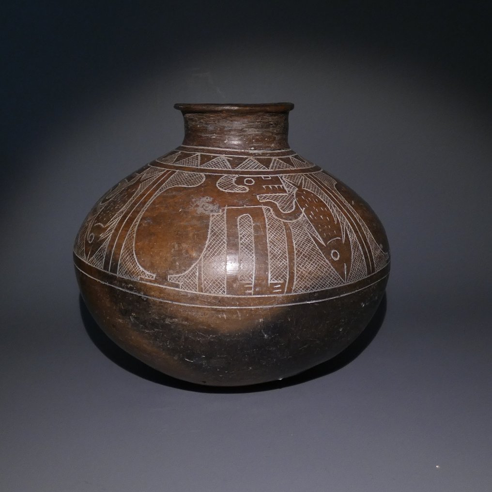 纳斯卡 - 华里,秘鲁 Terracotta, 陶器 装饰罐,直径17厘米,约公元200年至600年,西班牙进口许可证。 #3.2