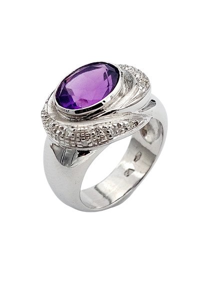 Bague - 14 carats Or blanc Améthyste - Diamant #1.0