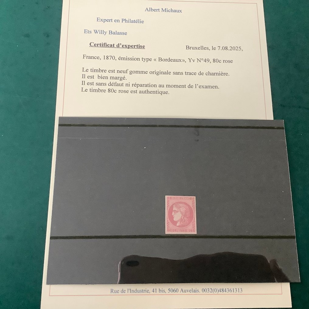 Francia 1870 - 80 cent Bordeaux con certificato di fotocertificazione - Yvert 49 #1.0
