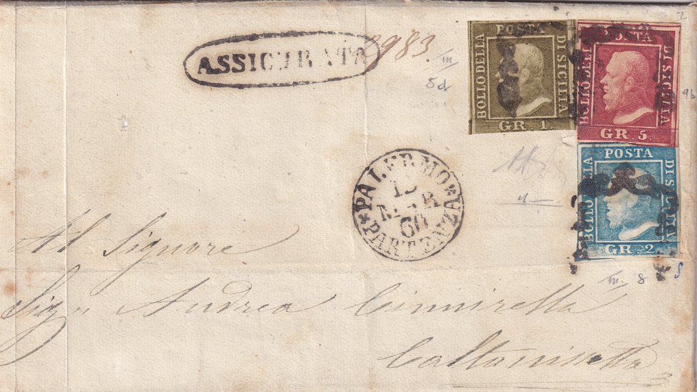 Αρχαία ιταλικά κράτη - Σικελία - Μάρτιος 1860. Ασφαλισμένο από Παλέρμο σε Καλτανισέττα, ταχυδρομική αποστολή τριχρωμίας 5+2+1 γραμ. #1.0