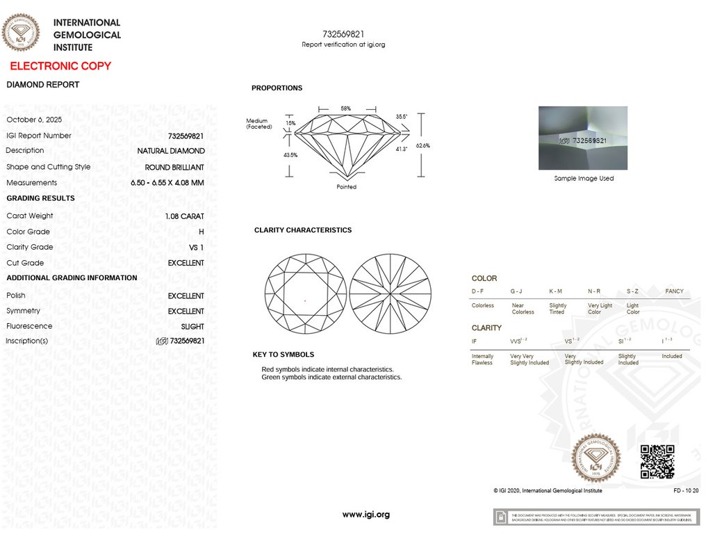 1 pcs 鑽石 (天然) - 1.08 ct - 圓形 - H(次於白色的有色鑽石) - VS1 - 國際寶石學院(International Gemological Institute (IGI)) - Ex Ex Ex #3.2