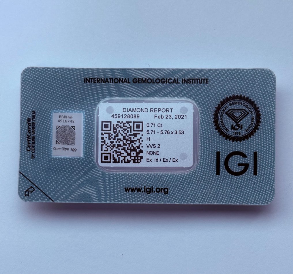 1 pcs Διαμάντι  (Φυσικό)  - 0.71 ct - Στρογγυλό - H - VVS2 - International Gemological Institute (IGI) - Ex Ex Ex None #1.0