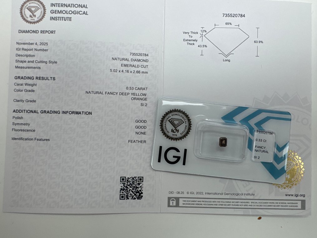 没有保留价 - 1 pcs 钻石  (天然色彩的)  - 0.53 ct - 祖母绿 - Fancy deep 黄色, 橙色 - SI2 微内含二级 - 国际宝石研究院（IGI） #1.0