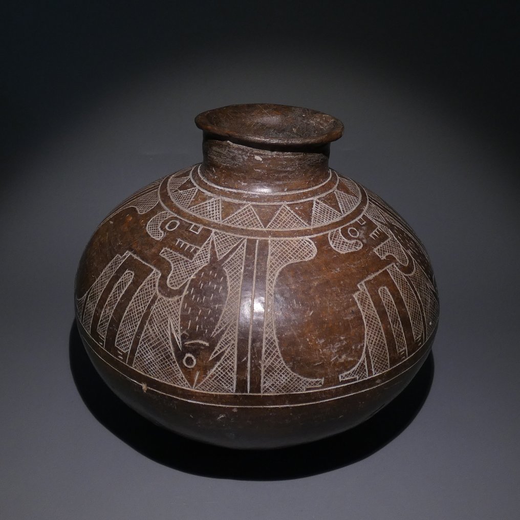 纳斯卡 - 华里,秘鲁 Terracotta, 陶器 装饰罐,直径17厘米,约公元200年至600年,西班牙进口许可证。 #1.0