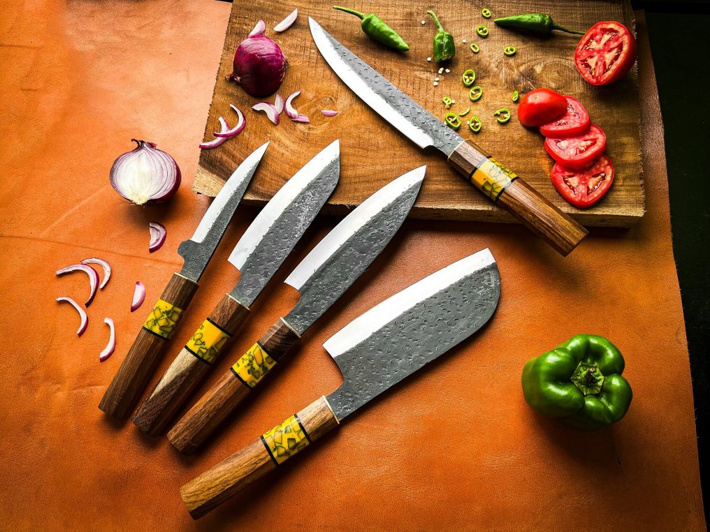 餐具套裝 (5) - 手工不锈钢厨师刀具套装：环氧树脂与坚固玫瑰木手柄，刀刃黑化 - 锻造厨师刀 #4.3