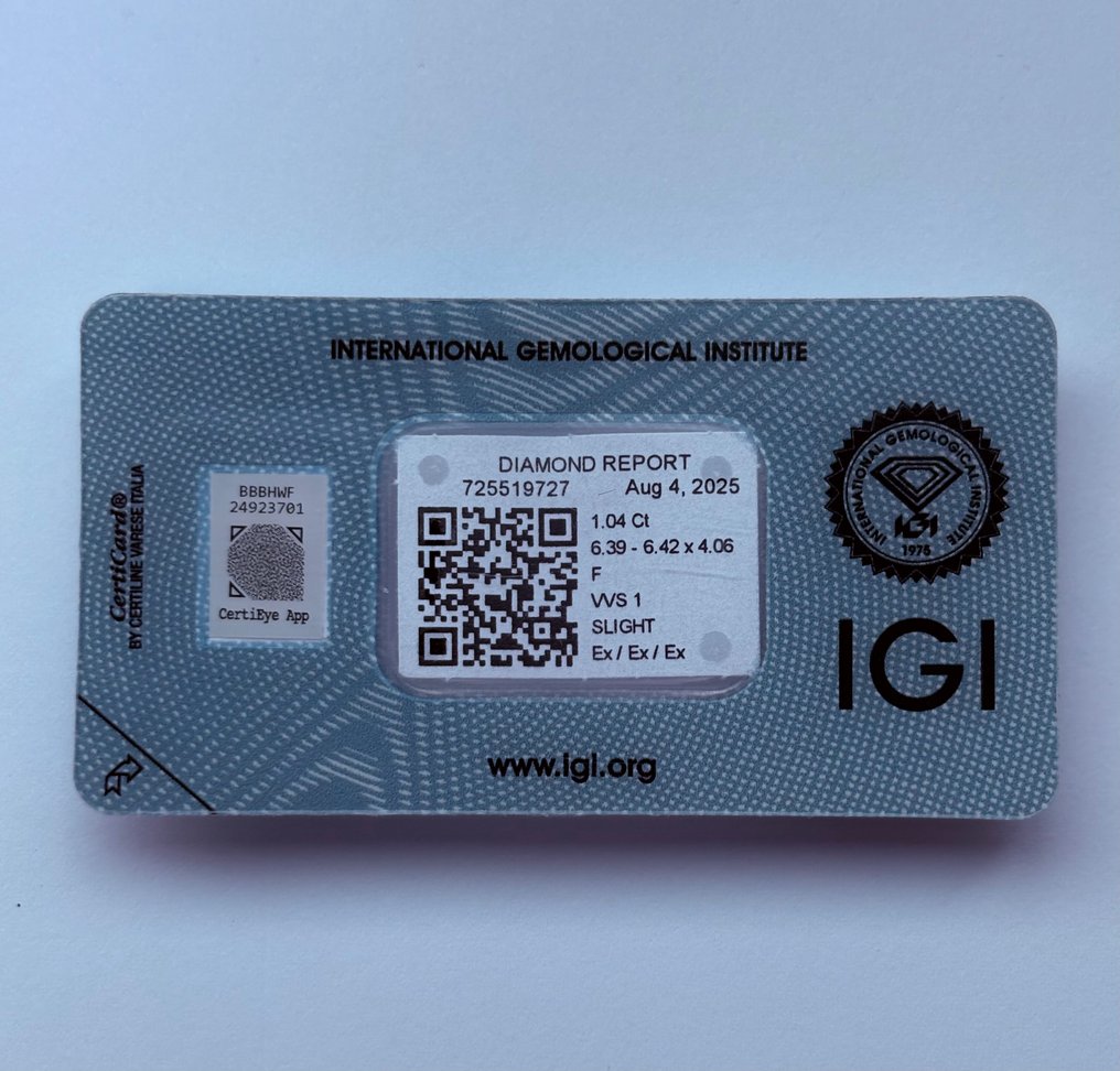 1 pcs 钻石 (天然) - 1.04 ct - 圆形 - F - VVS1 极轻微内含一级 - 国际宝石研究院(IGI) - Ex Ex Ex #1.0