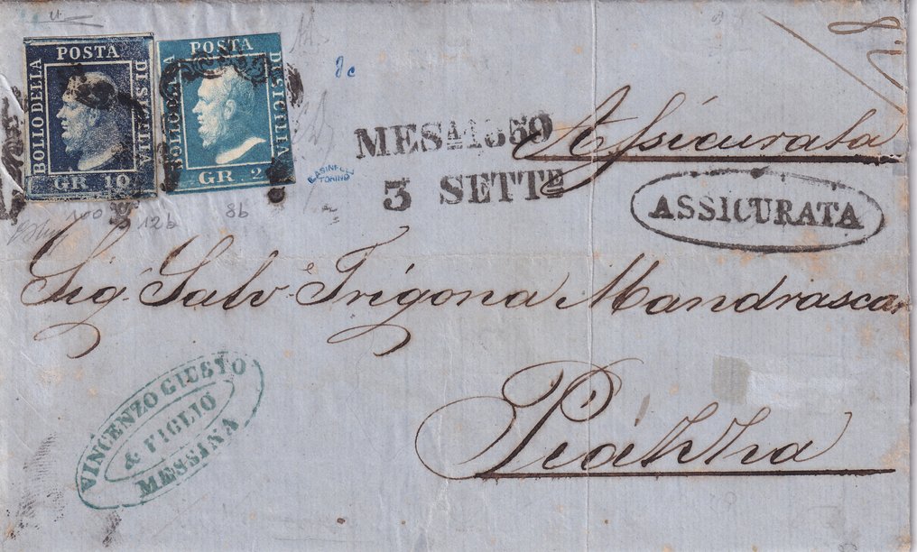 Αρχαία ιταλικά κράτη - Σικελία - 1859 Ασφαλίστηκε από τη Μεσσήνη στην Πιάτσα αφραγκάτα για 12 γκράνα #1.0