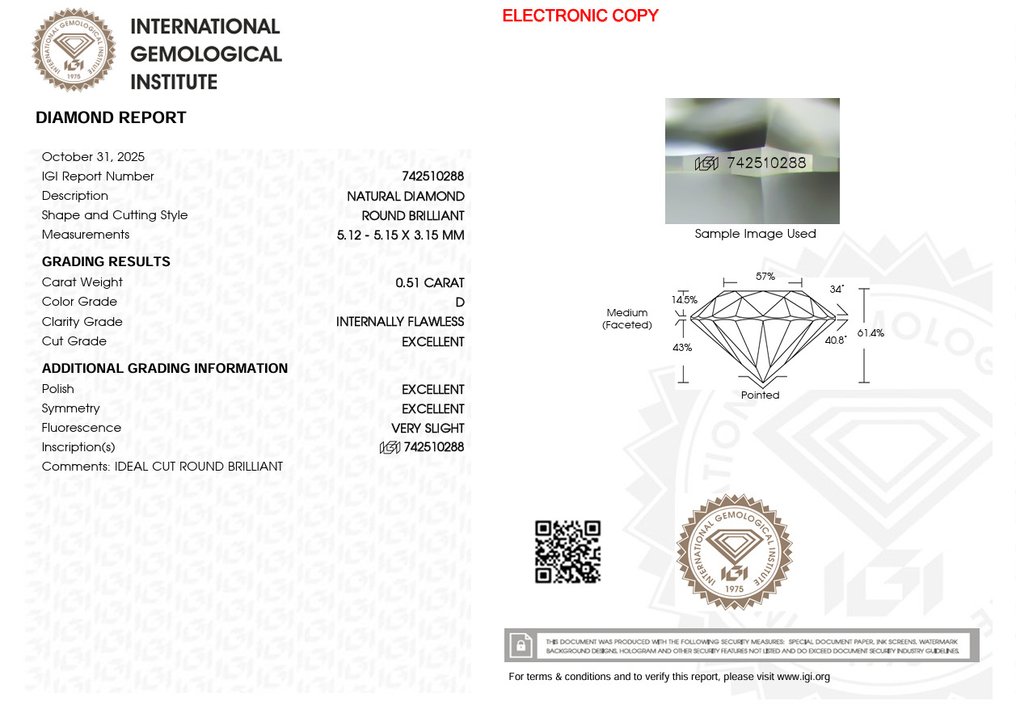 1 pcs 钻石  (天然)  - 0.51 ct - 圆形 - D (无色) - IF - 国际宝石研究院（IGI） - Ex Ex Ex #2.1