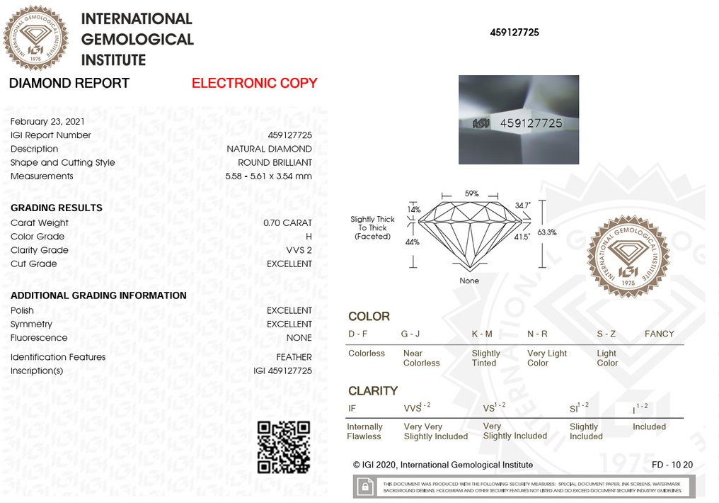 1 pcs 钻石  (天然)  - 0.70 ct - 圆形 - H - VVS2 极轻微内含二级 - 国际宝石研究院（IGI） - Ex Ex Ex 无 #1.0