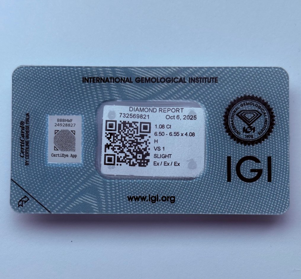 1 pcs 鑽石 (天然) - 1.08 ct - 圓形 - H(次於白色的有色鑽石) - VS1 - 國際寶石學院(International Gemological Institute (IGI)) - Ex Ex Ex #1.0