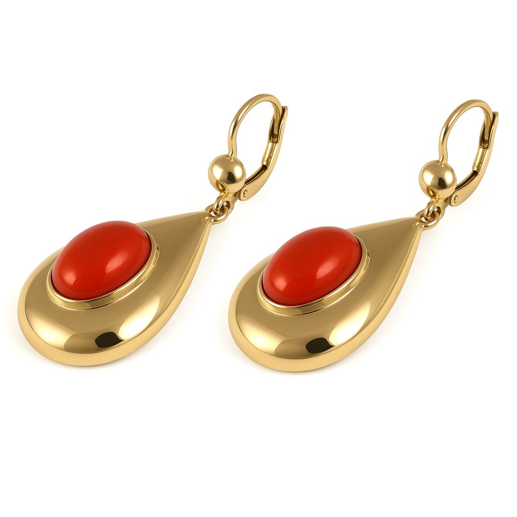 耳环 - 18K包金 黄金 - 珊瑚 #1.0