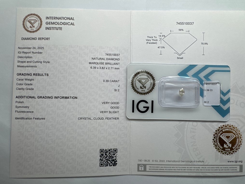 没有保留价 - 1 pcs 钻石  (天然)  - 0.39 ct - 榄尖形 - J - SI2 微内含二级 - 国际宝石研究院（IGI） #2.1