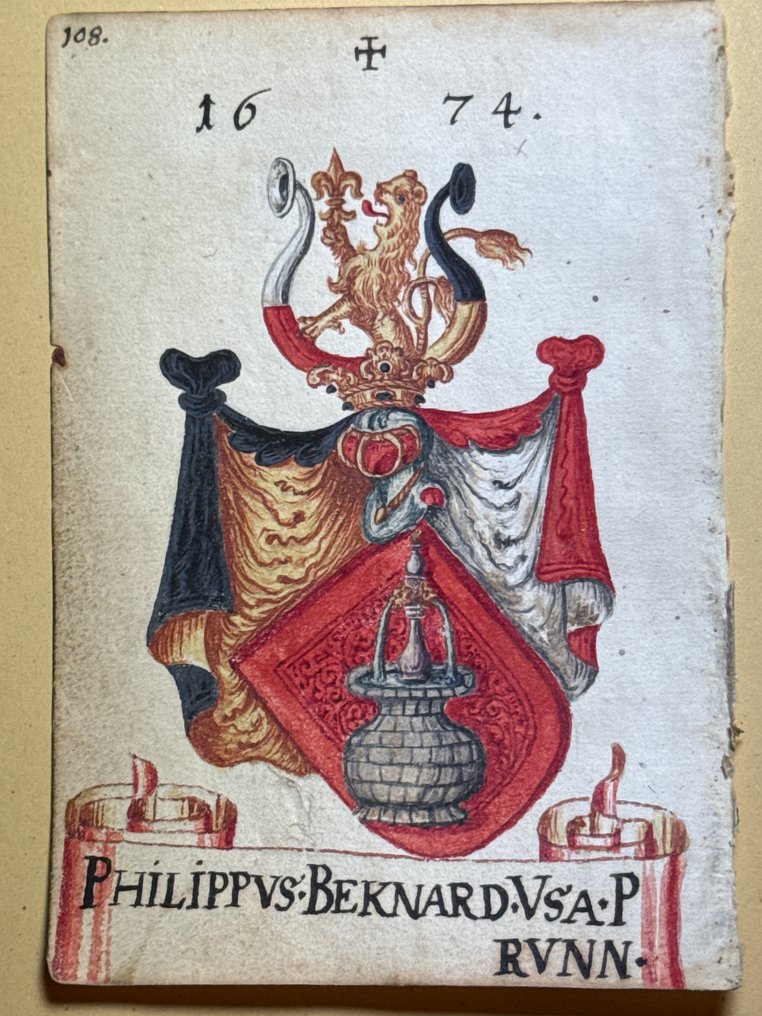 Wappenmaler des 17. Jahrhundert - 2x Wappenmalerei des Barock auf Büttenpapier-Baroque coat of arms painting on handmade paper - 1674-1676 #1.0