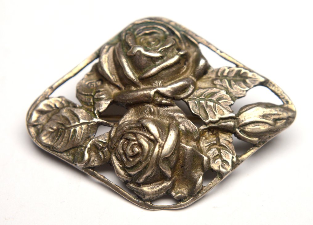 Ei pohjahintaa - Rintaneula 800 hopea - Art Nouveau - Ruusu kukat #1.0