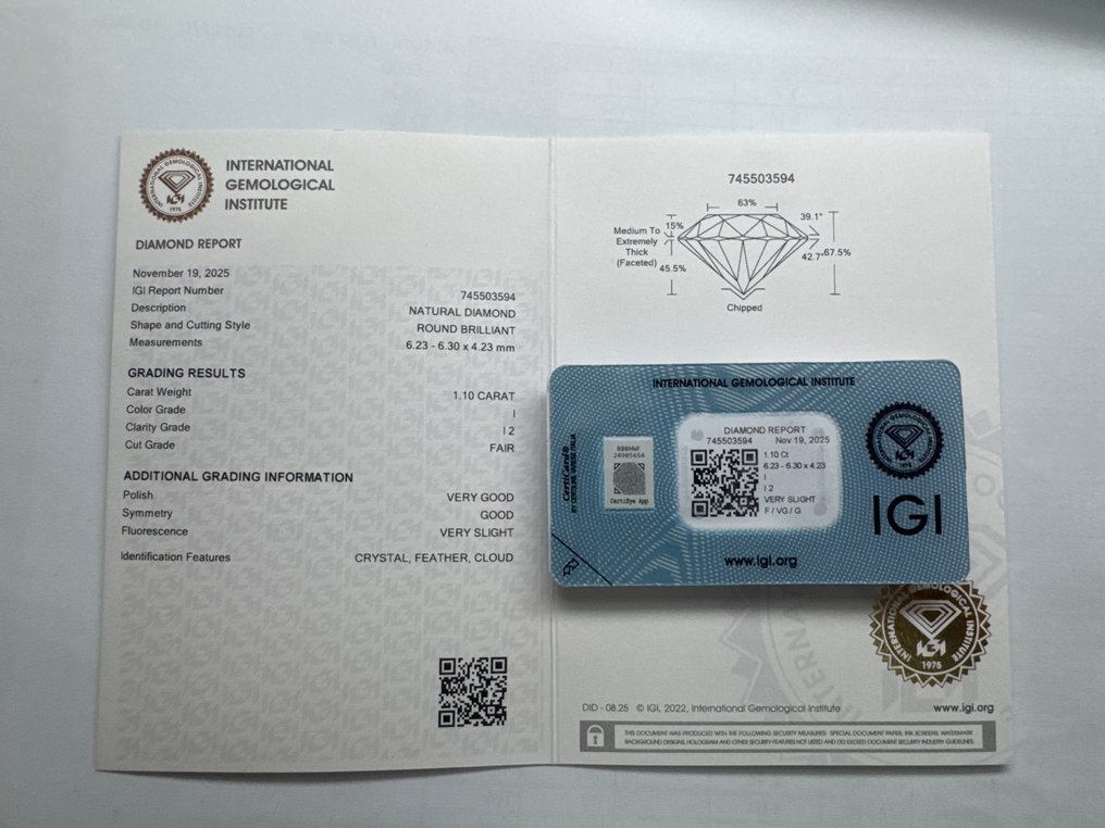 没有保留价 - 1 pcs 钻石  (天然)  - 1.10 ct - 圆形 - I - I2 内含二级 - 国际宝石研究院（IGI） #3.2