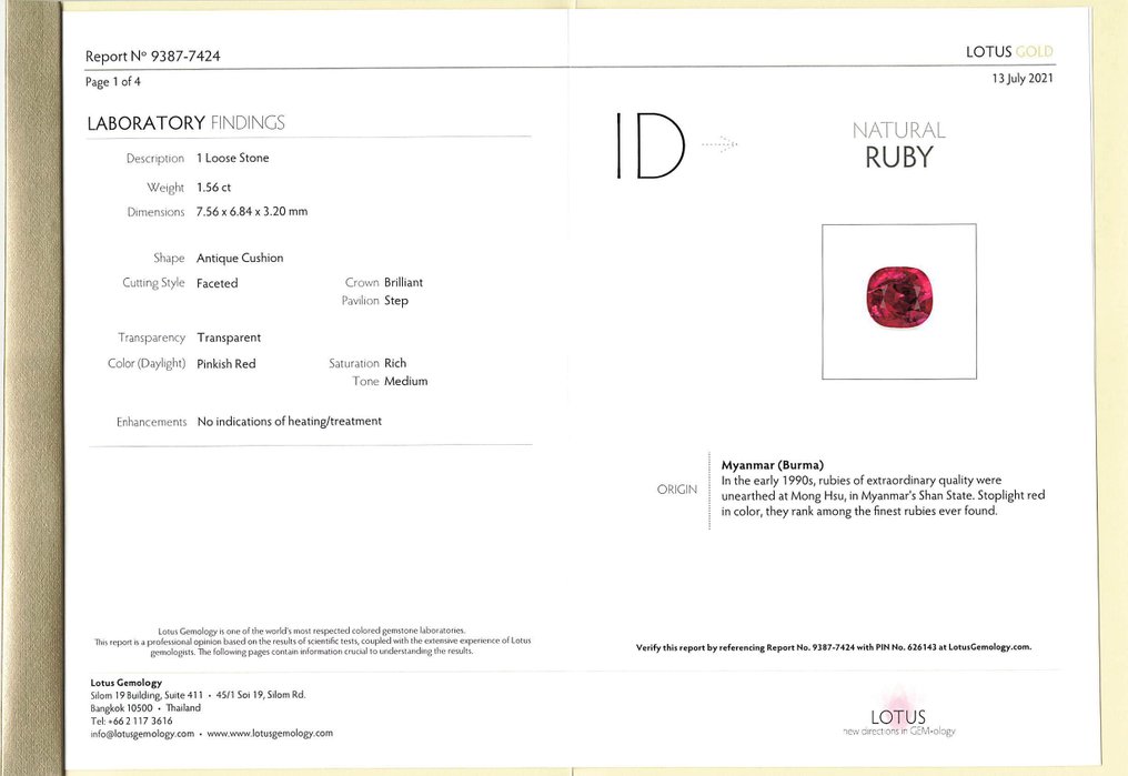 No Reserve Price Ruby - 1.56 ct - Lotus Gemology - Rich P Red (Burma) #3.2
