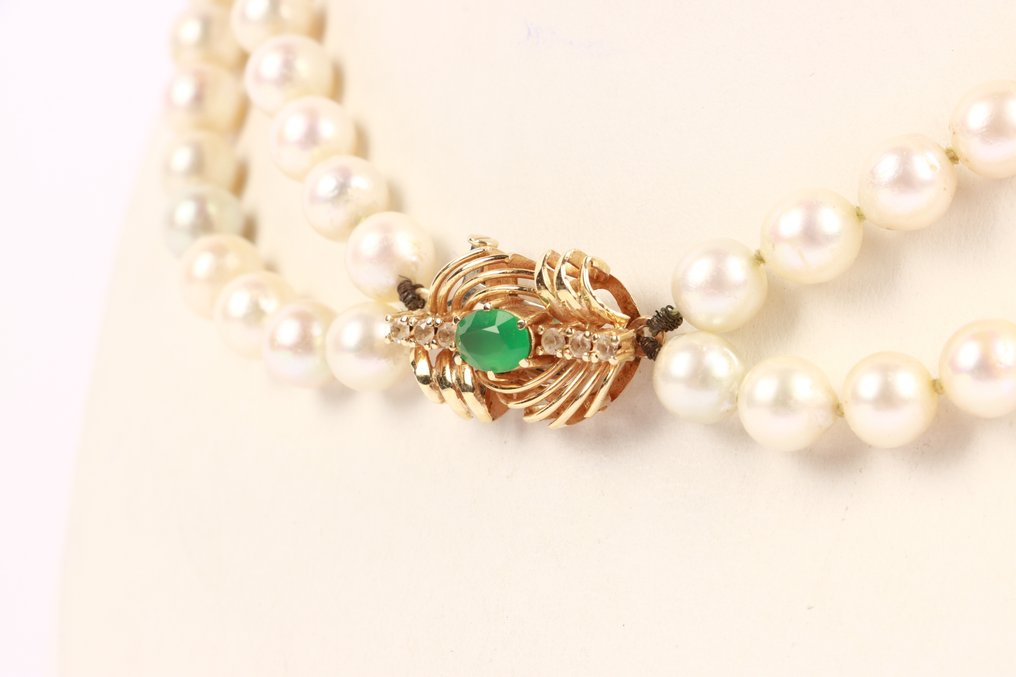 Nyaklánc - 14 kt. Sárga arany -  0.64ct. tw. Smaragd - Quartz - 1950-es évek tengeri gyöngy #1.0