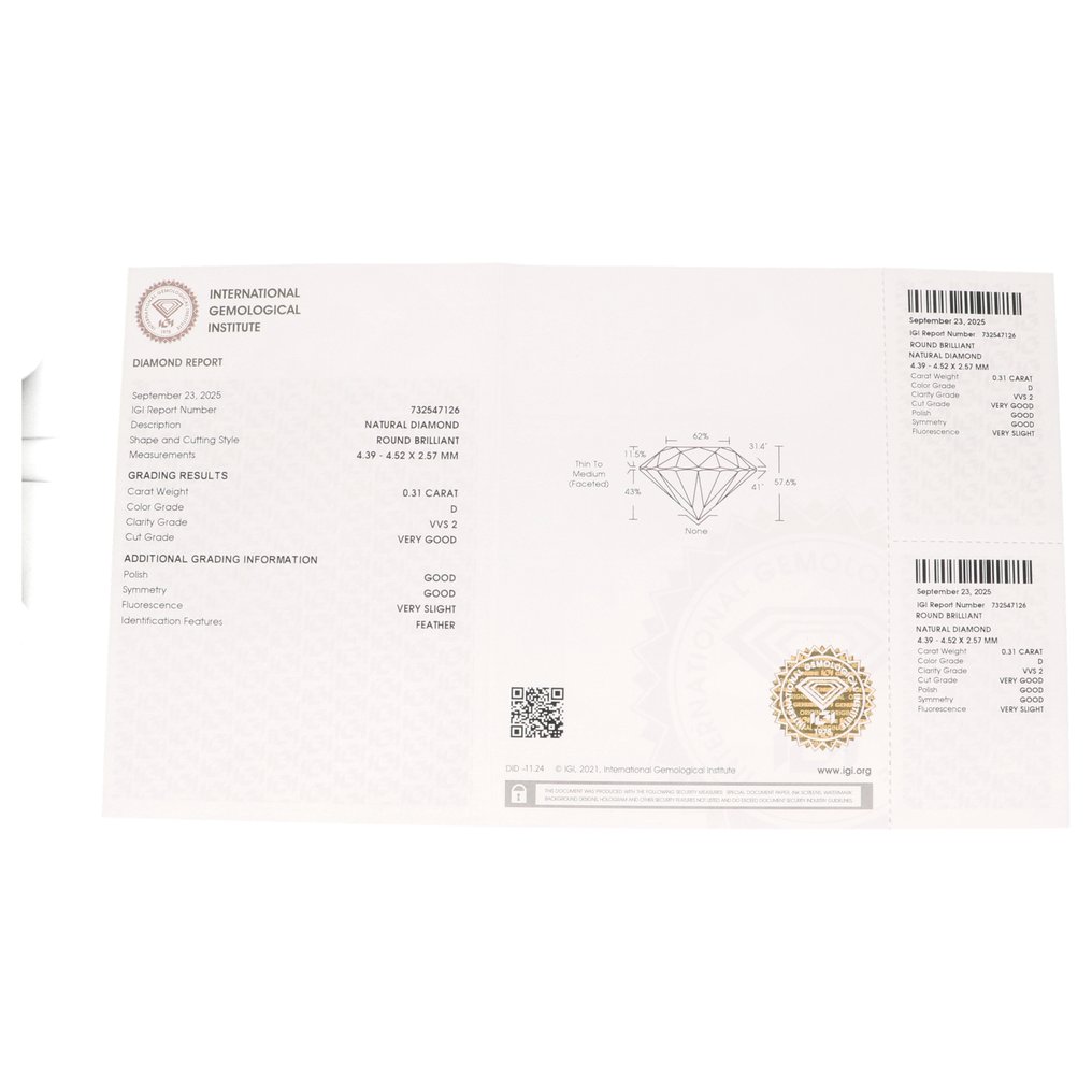 没有保留价 - 1 pcs 钻石  (天然)  - 0.31 ct - 圆形 - D (无色) - VVS2 极轻微内含二级 - 国际宝石研究院（IGI） #3.2