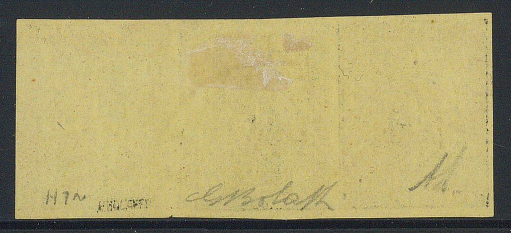 Αρχαία ιταλικά κράτη - Πάρμα - 5 c. κίτρινο πορτοκαλί αρ. 1 σε υπέροχη οριζόντια λωρίδα 3 (AD, G. Bolaffi). #1.0