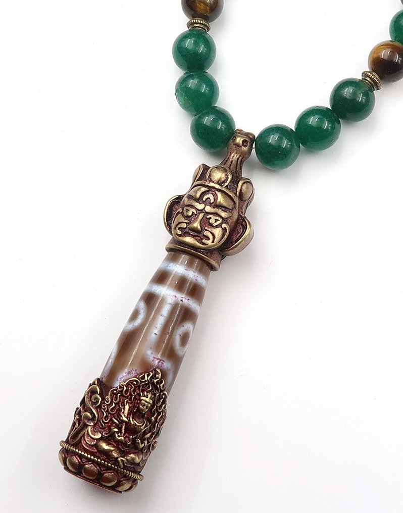 Εμεραλντ, μάτι τίγρη - Βουδιστικό κολιέ - Dzi 6 ματιών - Ευκαιρία και τύχη - Κούμπωμα χρυσού 14K GF - Κολιέ με μενταγιόν #3.2