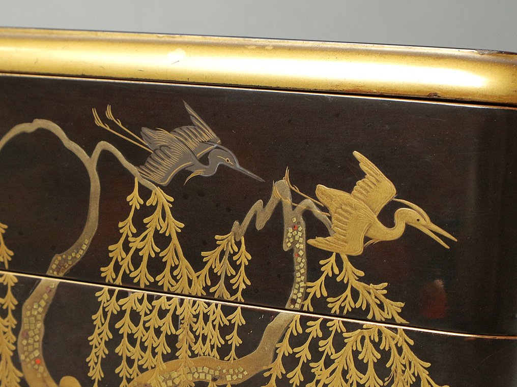 Box - 4-Tier Jubako Bento Box with Maki-e Design of Cherry Blossoms, Pines, Cranes, and Farmer by the - (No Reserve Price) #2.1