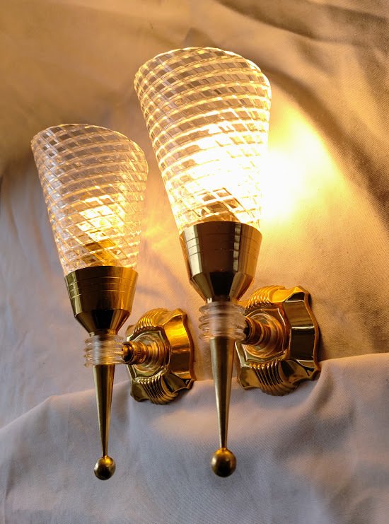 壁突式照明 (2) - 复古黄铜镀金与Perspex的壁灯 - 透明的Perspex（有机玻璃） - 金色黄铜 #1.0