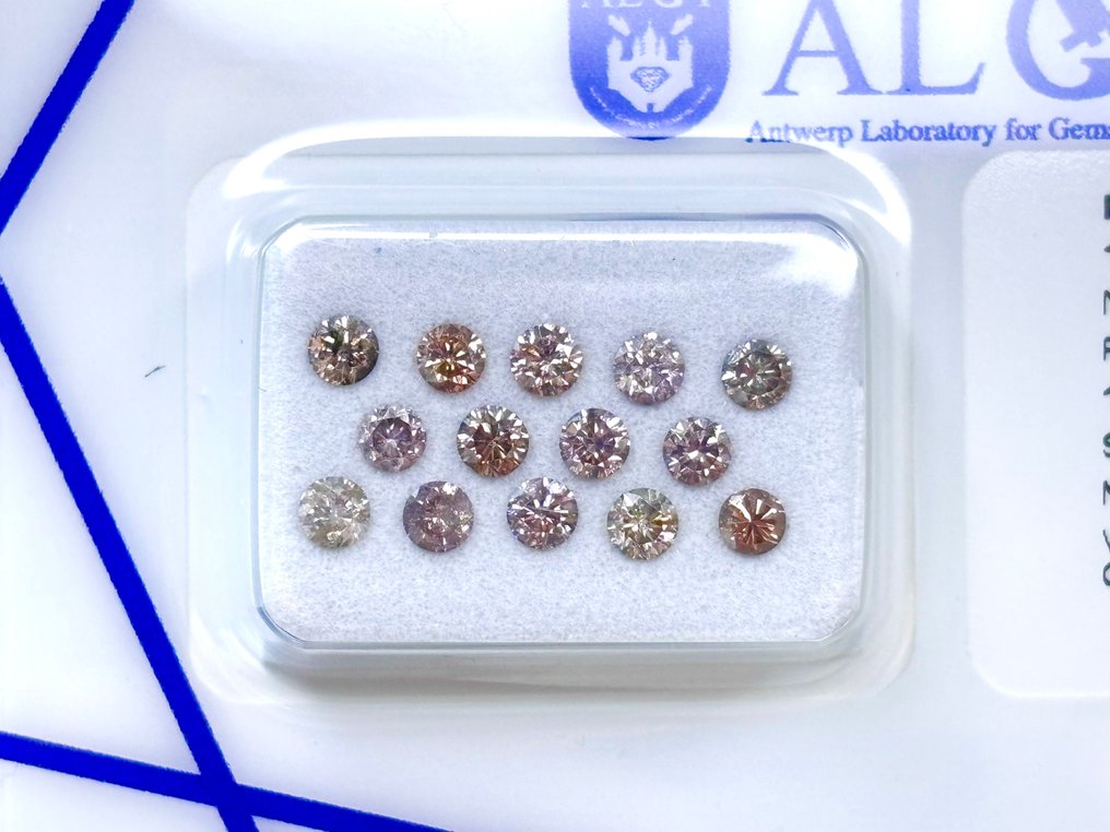 Senza Prezzo di Riserva - 14 pcs Diamante (Colorato naturale) - 1.03 ct - Rotondo Misto marrone, Misto rosa - VS1, I2 - Antwerp Laboratory for Gemstone Testing (ALGT) #2.1