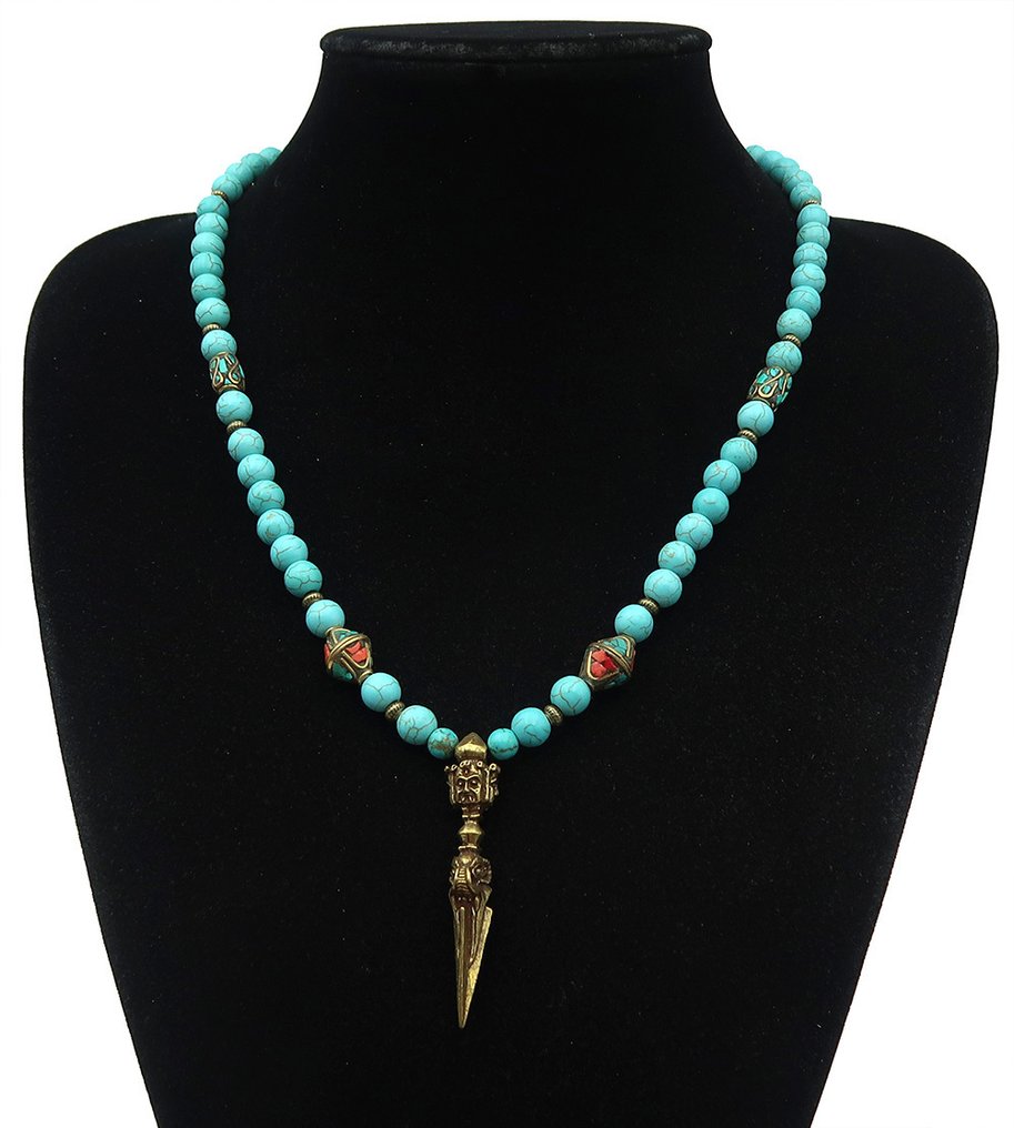 Τυρκουάζ Howlite - Phurba Ganesh - Πνευματικός εξορκισμός και απόλυτη προστασία - Κούμπωμα Χρυσού - Κολιέ #1.0