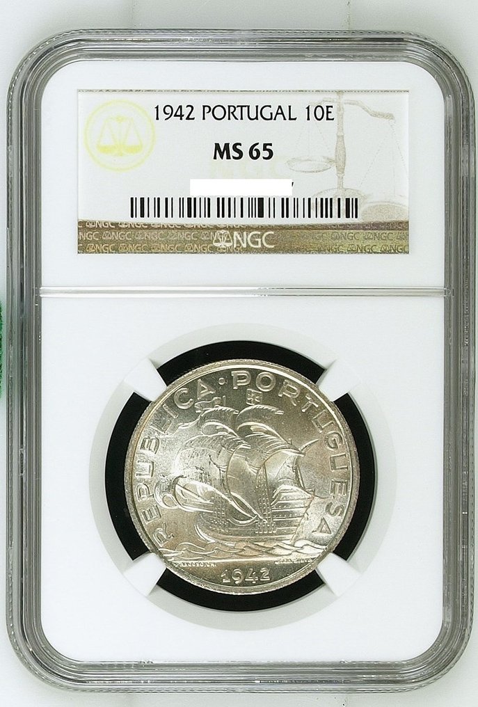 Portugal. 1942 10 Escudos. Prata. NGC MS 65. #1.0